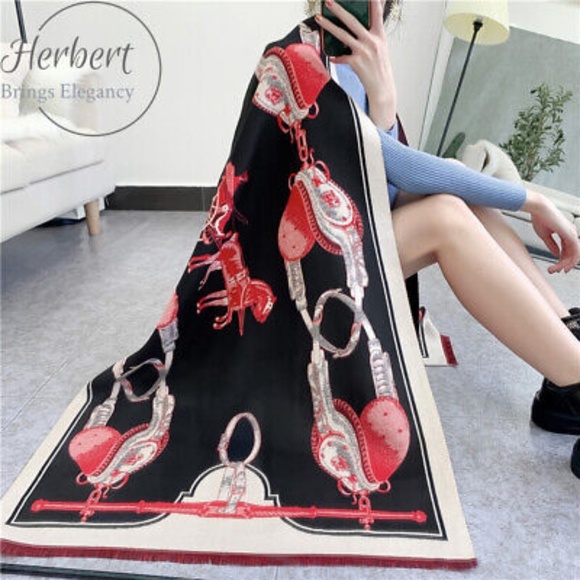 Elegant Luxury Women's Fashion Black Red Horse Link Wrap Rectangle Scarf​ - Picture 6 of 8